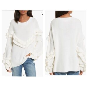 Frame Ruffle Yoke Ribbed Wool Blend Off White Oversized Knit Sweater